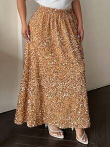 Dazy Plus 大码亮片弹力腰A字长裙，秋冬新年女装 - 黃色 - 查看 7