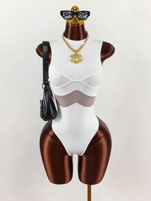 Amplova Women's Fashionable Sexy Mesh Patchwork Sleeveless Bodysuit, Suitable For Outdoor Spring/Summer Wear - White - View 8