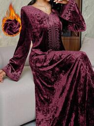 Al Najma Women's Velvet Embroidered Collar Arabic Style Dress, Autumn/Winter