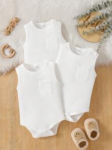 SHEIN 3pcs/Set Baby Boys' Casual Solid White Bodysuit Outfit, Suitable For Daily Wear, Summer - White - View 3