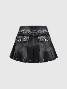 ROMWE Grunge Punk Y2K复古做旧毛边褶皱超短女式牛仔迷你裙 - 黑色 - 查看 2