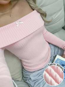 SHEIN EZwear 女士粉色罗纹针织露肩修身T恤，带蝴蝶结，性感百搭，适合派对、夜店、约会、圣诞节、新年、返校季和舒适春季穿着，打造甜美少女风。 - 粉色 - 查看 7