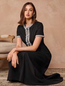 Enchnt 撞色复古方领短袖蝴蝶结装饰优雅连衣裙 - 黑色 - 查看 3