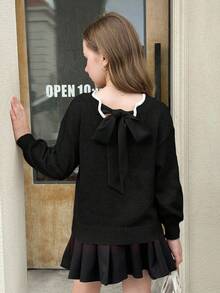 SHEIN Tween Girl Black And White Elegant Knit Wavy Hem V-Neck Bowknot Back Lantern Sleeve Pullover Sweater,Back-To-School Autumn Holiday Casual Fashion - Black - View 4