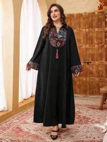 Al Najma Plus Size Women's Retro Jacquard Colorful Tassel Patchwork Loose Long Sleeve Elegant Arabic Dress - Black - View 5