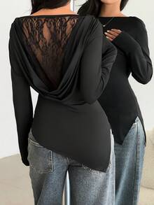 Siren Gaze New Asymmetrical Elegant Sexy Lace Backless Long Sleeve T-Shirt Black Long Sleeve Top Black Open Back Top Black Lace Back Top Black Mesh Back Top Black See Through Top Spring - Black - View 1