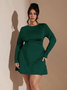 SHEIN BAE Plus Size Women's Brown Long Sleeve Tie-Waist Casual Elegant Mini Dress, Autumn/Winter - Dark Green - View 2