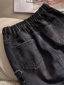 Elladie kids 少女牛仔裙，黑色和灰色蝴蝶结设计A字宽松牛仔裙