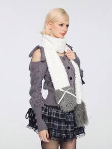 ROMWE Goth 1条灰白Y2K风格可爱甜美蝴蝶结撞色舒适时尚围巾，适合上学、购物、旅行、圣诞节等场合。 - 米色 - 查看 4