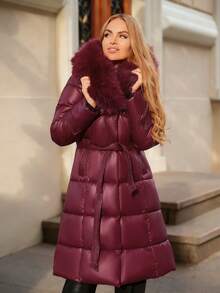 Anewsta Women's Mid-Length Winter Coat With Fur Collar, Fashionable Cinched Waist Waist Design - Burgundy - View 6