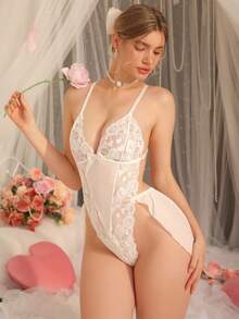 DelicateAllure 女士性感蕾丝拼接连体衣，带蝴蝶结装饰 - 白色 - 查看 5