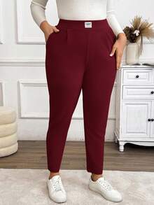 SHEIN PETITE CURVE 大码休闲纯色口袋裤 - 紅色 - 查看 5
