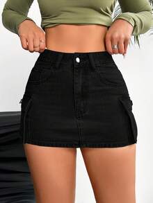 SHEIN PETITE 女士实用口袋修身休闲百搭牛仔迷你裙 - 黑色 - 查看 6