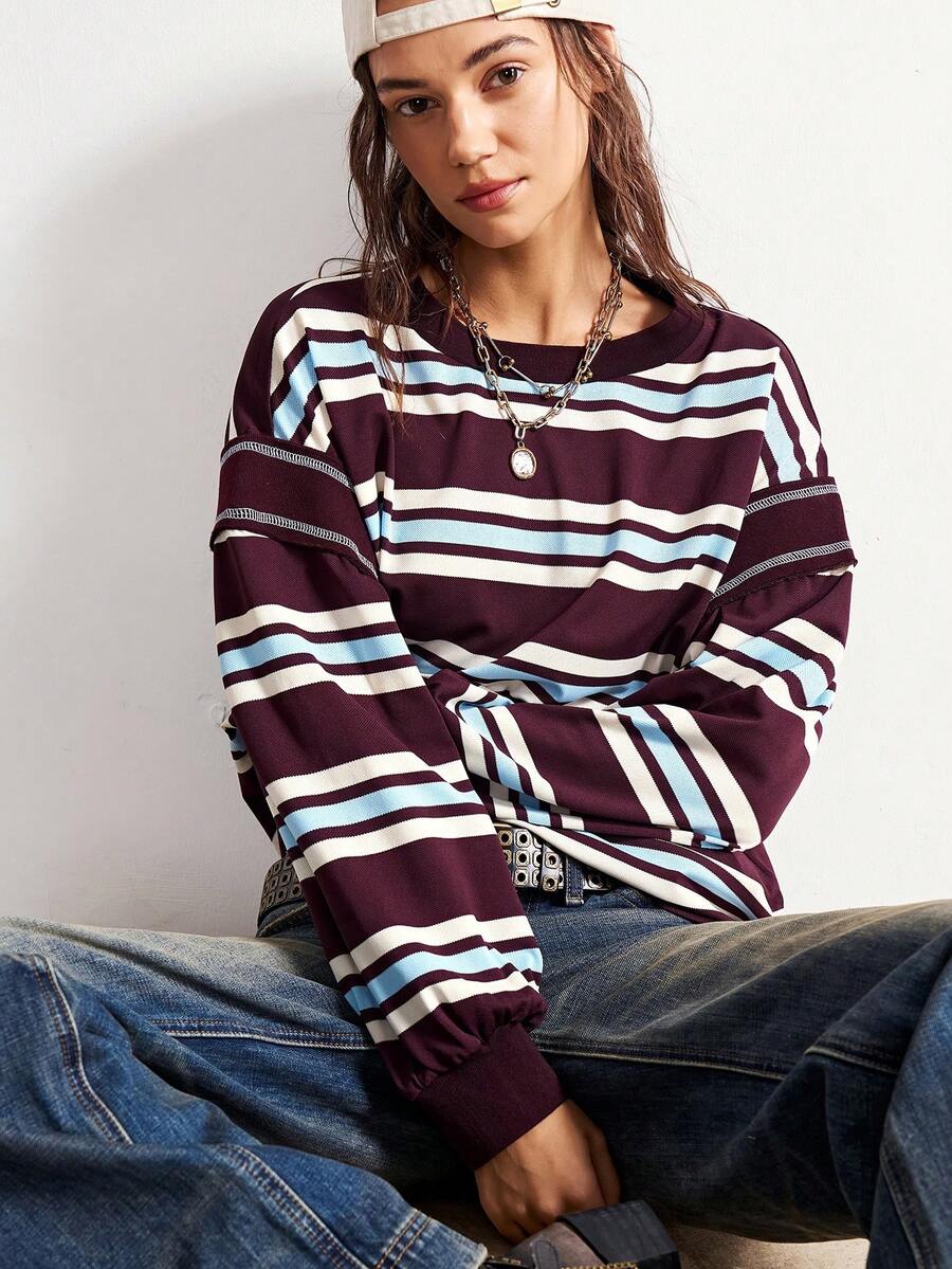 Bohemela 波西米亚风秋冬复古休闲棕色条纹针织圆领宽松女式T恤，西部乡村风格，适合音乐会、派对、海滩度假、日常穿着、返校、外出、派对、圣诞节、新年等场合。 - 彩色 - 查看 1