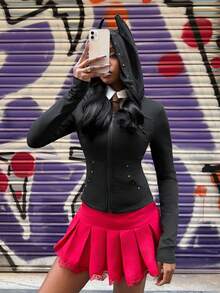 Modviera 女士铆钉杜宾犬领拉链修身T恤 - 黑色 - 查看 1