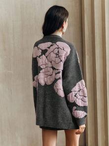 Anewsta Vintage Elegant Loose Fit Jacquard Floral Cardigan, Mid-Length, Wool, Autumn/Winter - Light Grey - View 4
