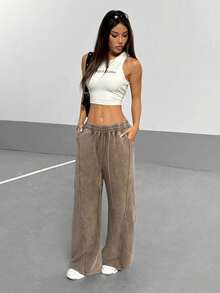 Flirla Quần dài thể thao ống đứng dáng rộng phong cách cổ điển dành cho nữ dạo phố, đa năng cho mùa thu - Cà phê nâu - Xem 5