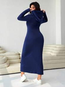Solflare Plus Size Women's Hooded Drawstring Slim Fit Long Sleeve Ribbed Dress, Autumn/Winter,Fall,Back To School - Navy Blue - View 2