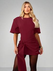 MISSGUIDED Burgundy Short Sleeve Mini Dress With Side Tie Detail Round Neck Bodycon Fit Fall Winter Party Evening Wear - Burgundy - View 3
