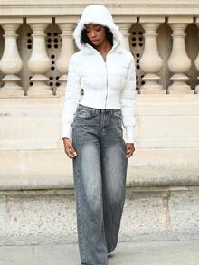 Mima John White Colorblock Trim Hooded Cropped Padded Coat In Fall/Winter - White - View 6