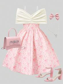 Tween Girls' Off Shoulder Bow Ruffle Hem Dress, Elegant Casual Vacation Wear, Pink, Spring/Summer - Pink - View 2