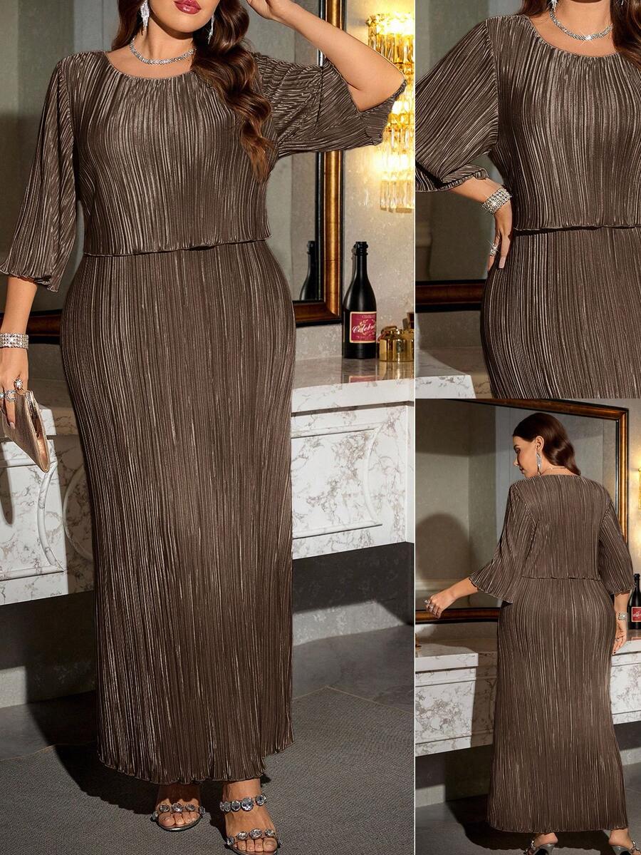 Reflora Plus Size Elegant Textured Round Neck Mid-Sleeve Dress, Autumn - Brown - View 1
