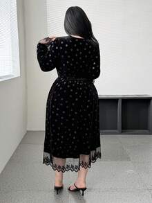 Flirla 优雅V领蕾丝拼接收腰公主长袖连衣裙 - 黑色 - 查看 2