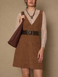 SHEIN LUNE 大码女士情人节穿搭，夏季女士穿搭，时尚日常装，大码女士宽松提花格子吊带连衣裙，冬季通勤连衣裙，假日穿搭，假日派对连衣裙，大码女士假日穿搭 - 棕色 - 查看 6