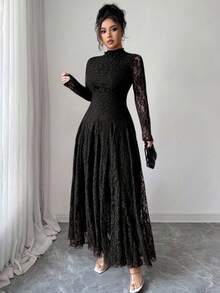 Modelyn Women's French Style Mock Neck Lace Cinched Waist Dress - Black - View 5