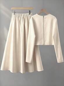 Franclia Women's Solid Color Faux Pearl Decor Long Sleeve Top And Skirt Elegant Set - Khaki - View 5