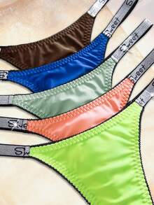 Eraneu 5 PCS Women's Casual Sporty Thong Underwear Tie Dye Fabric With Sweet Tape Detail Colorful Panties Pack - Colorful - View 4