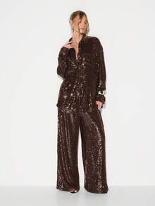 KIZN Sequin Oversized Button Down Blouse Long Sleeve Metallic Evening Party Top Collared Shirt - Chocolate Brown - View 3