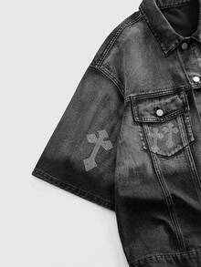 ROMWE MEN Spring/Summer Casual Graphic Men'S Fashionable Vintage Cross Rhinestone Ombre Denim Shirt - Black - View 4