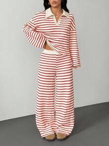 SHEIN PETITE Women's 2pcs Set Loose Striped V-Neck Drop Shoulder Long Sleeve T-Shirt &Elastic Waist Striped Pants, Winter Sweater Suit ,Autumn/Winter Two Pieces Pant Set 2 Pieces Lounge Sets Women Women Two Pieces Sets Striped Two Pieces Set Two Piece Pant Set 2 Piece Lounge Sets Woman Striped Two Piece Set Women S Two Piece Sets - Multicolor - View 7