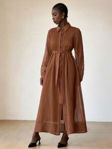 Aveloria Modichic Pleated Front Casual Chic Versatile Slim Fit French Style Long Dress - Brown - View 3