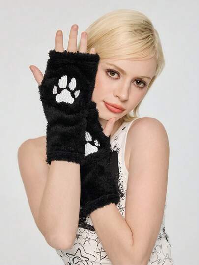 Anime 1pc Black Y2K Baddie Kawaii Cute Cat Paw Pad Fashion Minimalist Fingerless Gloves, Suitable For School, Shopping, Commuting