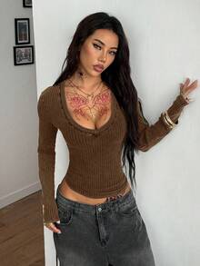 Coolane 女士 Y2K 街头风树枝图案抹胸 V 领 T 恤 - 棕色 - 查看 2