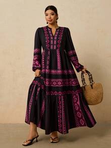 Travachic Váy dài tay họa tiết hoa và sọc Bohemian cỡ lớn dành cho nữ, phong cách thường ngày ngày lễ, mùa thu/đông - màu đen - Xem 4