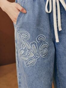 Anewsta Street Style Embroidered Blue Straight-Leg Jeans For Women - Blue - View 3