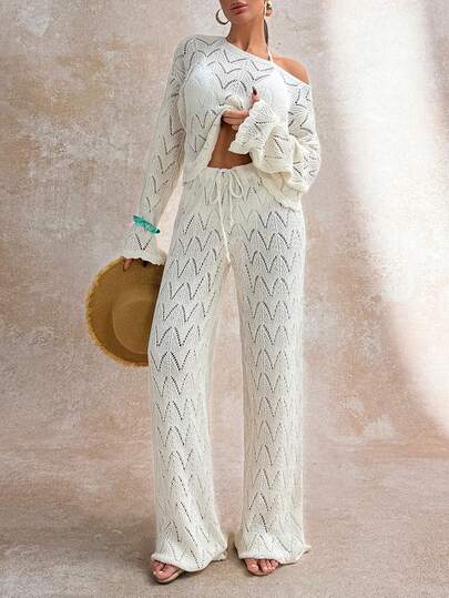 EURMUSE Ivory Open-Knit Two Pieces Set With Flared Pants And Long-Sleeve Top, Featuring A Lightweight And Breathable Fabric For Boho-Chic Styles Women For Summer Hollow Out