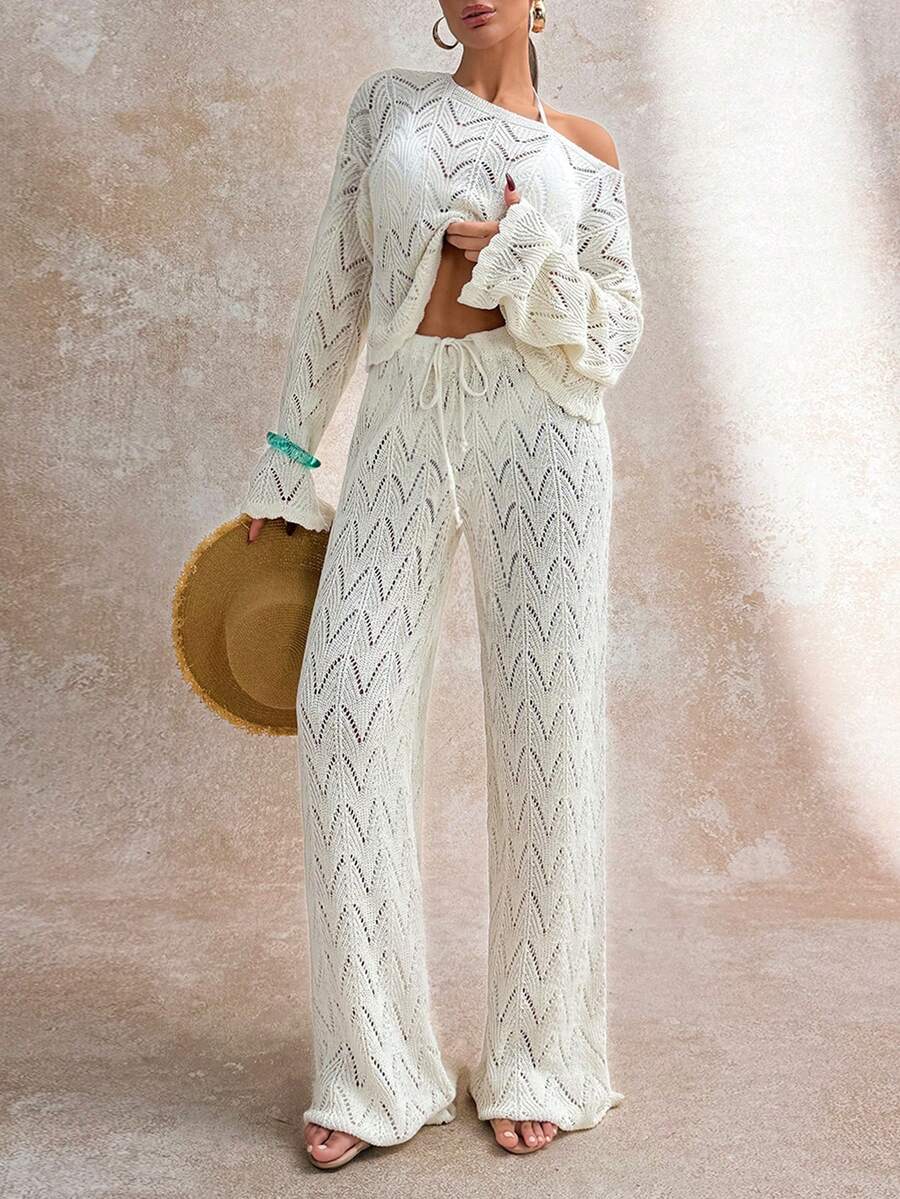 SHEIN Cottnline مجموعة قطعتين من النسيج المفتوح المنسوج باللون العاجي، تتميز بسراويل واسعة وأعلى بأكمام طويلة، من قماش خفيف ومنفذ للهواء لأنماط البوهيمي الأنيق للنساء في الصيف، مفرغة