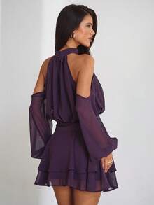 Aloruh Purple Red Long Sleeve Off-Shoulder Dress, Casual Commuter Elegant Dress With Small Stand Collar, Spring,Casual Dresses For Women,Vacation Outfits For Women,Elegant Dresses For Women,Birthday Party Dress,Wedding Guest Dress For Women,Valentine's Day Outfit,Spring Dress Women,Solid Color Dress,Mini Dress, Short Dress - Purple - View 3