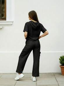 Conjunto Para Mujer Blusa Con Capucha, Pantalón Cargo Ligero - Negro - Ver 3