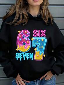 青少年女孩黑色秋季街頭風運動衫，開學假期時尚數字67粉色五角星字母標語圖案印花舒適時尚運動衫 - 黑色 - 查看 6