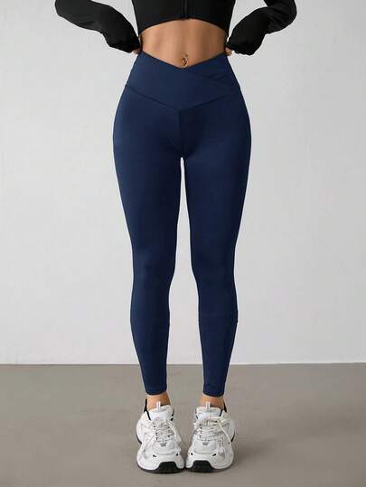 SHEIN PETITE Women's Fashionable Solid Color Elastic V-Waist Skinny Pants High Waist Leggings Criss-Cross Waist Leggings Women Leggings Navy Blue Leggings