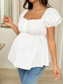 SHEIN 孕妇纯色方领褶皱胸部休闲短袖衬衫 - 白色 - 查看 3