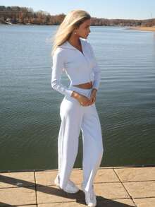 Sydney Algeri Set casual de 2 piezas para mujer, compuesto por un cárdigan con cremallera de unicolor y pantalones de punto, para otoño-invierno - Azul - Ver 6