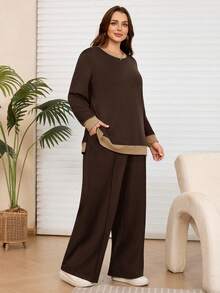 Rosumi 大码女式休闲撞色连帽衫运动裤套装，带口袋，秋冬季 - 棕色 - 查看 1