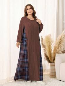 Lacomfia Women's Plus Size Long Sleeve Round Neck Brushed Plaid Patchwork Faux Pocket Knit Simple Elegant 2-Piece Set - Brown - View 6