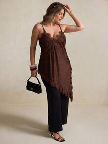 Elegantrix 大码时尚性感波点印花蕾丝边不对称下摆吊带背心 - 彩色 - 查看 6